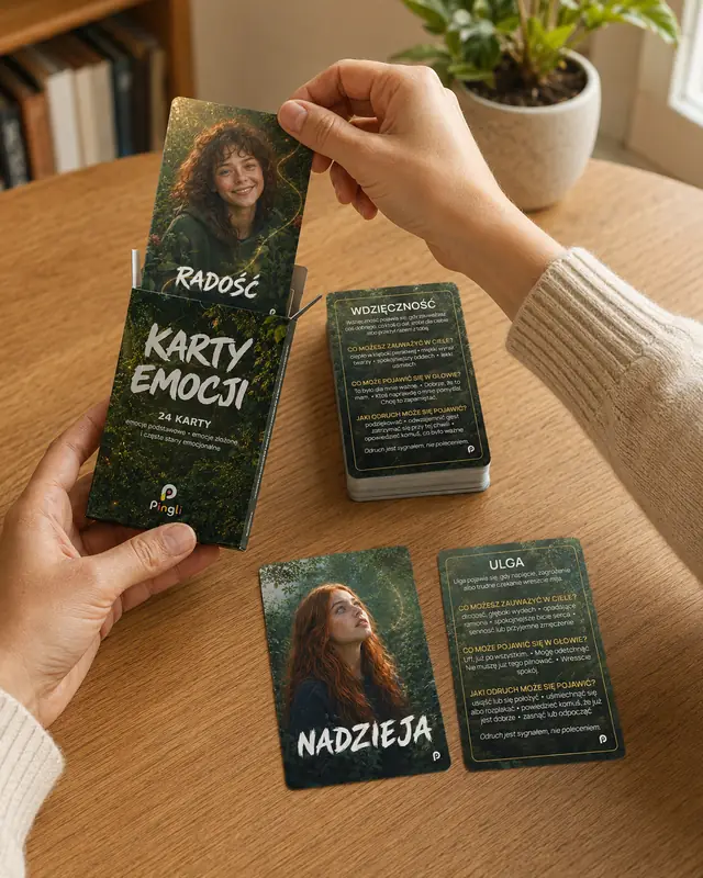 Karty emocji Pingli w dłoniach, z pudełkiem do wydruku